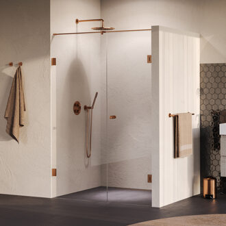 Brauer Void Carving Nisdeur - 2-delig - 140x200cm - 70cm draaideur aan muur - glascoating - omkeerbaar - helder glas - geborsteld koper PVD GS-VOCN2H7070200GK Koper geborsteld