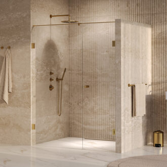 Brauer Void Carving Nisdeur - 2-delig - 150x200cm - 70cm draaideur aan muur - glascoating - omkeerbaar - helder glas - geborsteld goud PVD GS-VOCN2H7080200GG Goud geborsteld