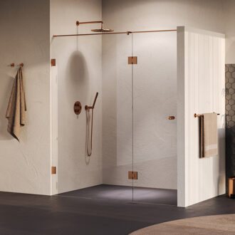 Brauer Void Carving Nisdeur - 2-delig - 180x200cm - 70cm draaideur aan glas - glascoating - omkeerbaar - helder glas - geborsteld koper PVD GS-VOCN3H70110200GK Koper geborsteld