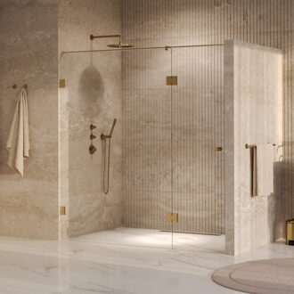 Brauer Void Carving Nisdeur - 2-delig - 200x200cm - 70cm draaideur aan glas - glascoating - omkeerbaar - helder glas - geborsteld goud PVD GS-VOCN3H70130200GG Goud geborsteld