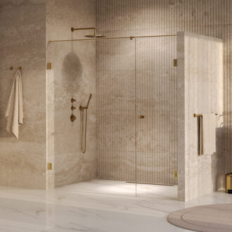 Brauer Void Carving Nisdeur - 2-delig - 200x200cm - 70cm draaideur aan muur - glascoating - omkeerbaar - helder glas - geborsteld goud PVD GS-VOCN2H70130200GG Goud geborsteld