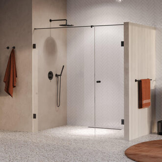 Brauer Void Carving Nisdeur - 2-delig - 200x200cm - 70cm draaideur aan muur - glascoating - omkeerbaar - helder glas - geborsteld gunmetal PVD GS-VOCN2H70130200GM Gunmetal geborsteld (antraciet)