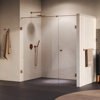 Brauer Void Carving Nisdeur - 2-delig - 200x200cm - 70cm draaideur aan muur - glascoating - omkeerbaar - helder glas - geborsteld koper PVD GS-VOCN2H70130200GK Koper geborsteld