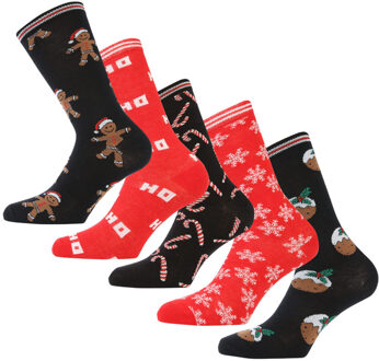 Brave Soul kerstsokken voor dames, set van 5 paar, zwart-rood Zwart/rood - One Size