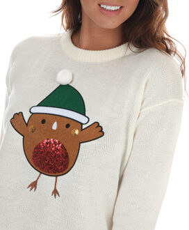 Brave Soul kersttrui met roodborstje voor dames, crème - maat