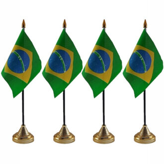 Brazilie tafelvlaggetjes - 4x stuks - 10 x 15 cm - met gouden standaard - H27 cm - versiering