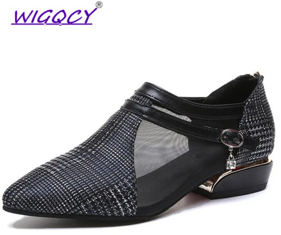 Breathable Mesh pumps women shoes New Spring Autumn shoes women Elegant Rhinestone Square heel female shoes Gingham Zipper pumps