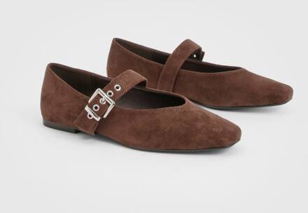 Brede Pasvorm Metallic Gespdetail Mary Jane Ballerina'S, Chocolate - 36
