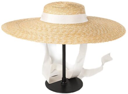 Brede Rand Schipperhoed 15Cm Rand Strooien Hoed Platte Vrouwen Kentucky Derby Hoed Lint Stropdas Zonnehoed Strand Cap