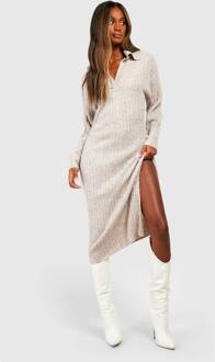 Brede Ribgebreide Truijurk Met Kraag, Taupe - L