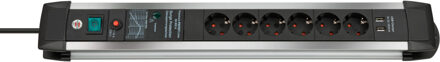Brennenstuhl Premium-Protect-Line stekkerdoos met 6 contacten, 2x USB en overspanningsbeveiliging / zwart - 3 meter