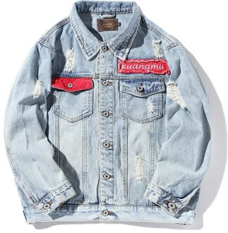 Brief Borduurwerk Patch Mens Denim Jasje Blauw Gewassen Ripped Streetwear Jeans Jas Herfst Katoenen Uitloper Mannen R2354