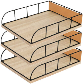 Brievenbakje/documenten opbergbak - 3x - zwart/beige - metaal/hout - L24 x B32 x H7 cm