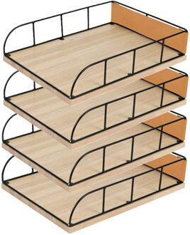 Brievenbakje/documenten opbergbak - 4x - zwart/beige - metaal/hout - L24 x B32 x H7 cm