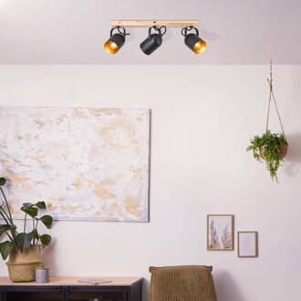 Brilliant Tronte plafondspot, lengte 57,5 cm, zwart/goud, 3-lamps. zwart, goud, licht hout