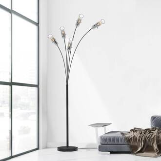 Brilliant Vloerlamp Glasini, hoogte 200 cm, rookgrijs, 5-lamps, glas matzwart, rookgrijs, transparant