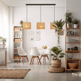 Briloner Borra hanglamp, 3-lamps, natuurlijke kleur, stro natuurlijke kleur, zwart