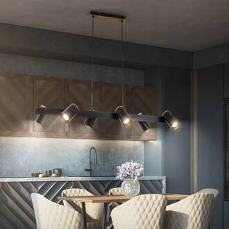 Briloner Hanglamp Duta, lengte 110 cm, mat zwart, metaal 6-lamps. zwart, houtkleurig