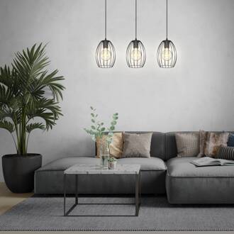 Briloner Hanglamp Waktu Vintage, zwart/hout, 3-lamps zwart, licht hout