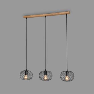 Briloner Hanglamp Winki Vintage, zwart/hout, 3-lamps zwart, licht hout