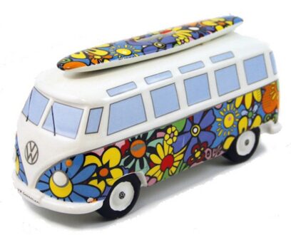 Brisa Spaarpot hippie flower power VW T1 busje - porselein - 21 cm - Cadeau - Spaarpotten Multikleur