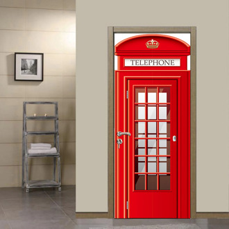 British Style London Red Phone Booth Door Sticker Self Adhesive Pvc Waterproof Home Wall Decor Poster Decals Room Decoration