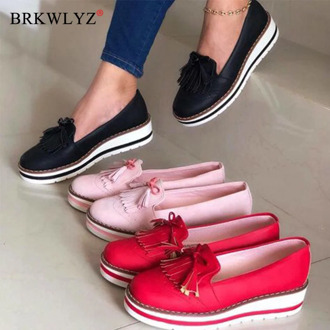 BRKWLYZ Women Tassel Sneakers Woman Slip On Ladies Soft PU Leather Sewing Flat Platform Female Shoes Fashion New Loafers