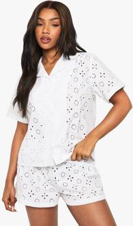 Broderie Anglaise Pyjama Set Met Korte Mouwen Overhemd & Korte Broek, White - 34