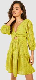 Broderie Cut Out Detail Mini Dress, Olive - 12