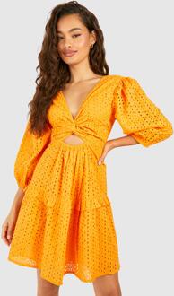 Broderie Cut Out Detail Mini Dress, Orange - 10