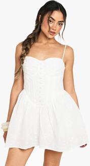 Broderie Gestructureerde Korsetdetail Skater Mini-Jurk, White - 38