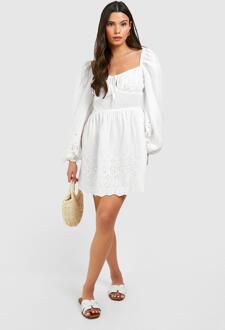 Broderie Sweetheart Neck Mini Dress, White - 10