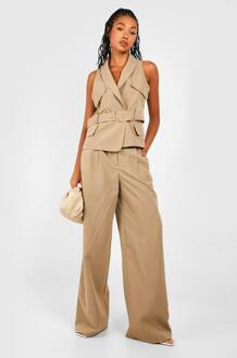 Broek Met Geplooide Voorkant En Wijde Pijpen Op Maat, Mocha - 42