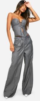 Broek Met Geweven Voorkant En Naaddetail, Wijde Pijpen, Charcoal - 36