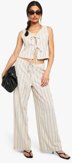 Broek Met Linnenlook, Taille Met Band En Rechte Pijpen, Stone - 36