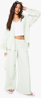 Broek Met Streep En Knoopdetail Met Wijde Pijpen, Mint - 40