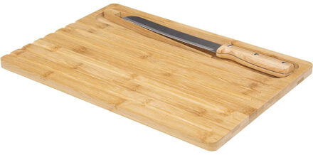 Brood snijplank 40 x 27 cm van bamboe hout inclusief broodmes en pincet - Snijplanken Bruin