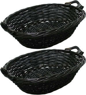 Broodmand ovaal - 2x - zwart - 43 x 35 x 12 cm - mandje rotan/riet
