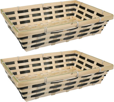 Broodmand rechthoekig - 2x - gevlochten bamboe hout - 34 x 24 x 8 cm - naturel/zwart - broodmand Beige