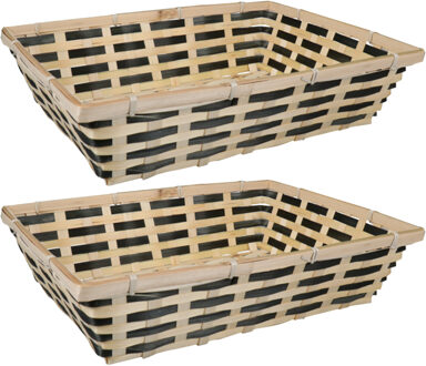 Broodmand rechthoekig - 2x - naturel/zwart - gevlochten bamboe hout - 39 x 29 x 10 cm