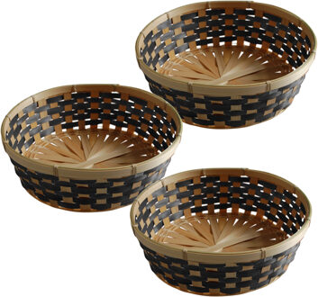Broodmand rond - 3x - gevlochten bamboe hout - D29 cm - zwart/naturel
