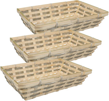 Broodmandje rechthoekig - 3x - gevlochten - bamboe hout - 34 x 24 x 8 cm - naturel / grijs