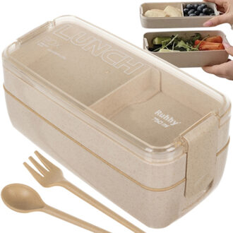 broodtrommel/lunchbox - beige - 750 ml - kunststof - incl. bestek