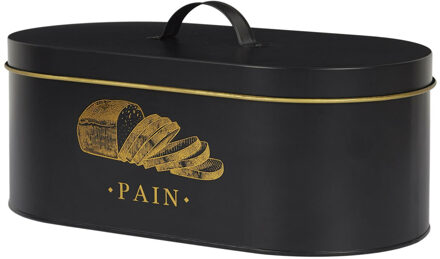 Broodtrommel met deksel - Franse Bistro sfeer - metaal - 33 x 12 x 18 cm - zwart met goud