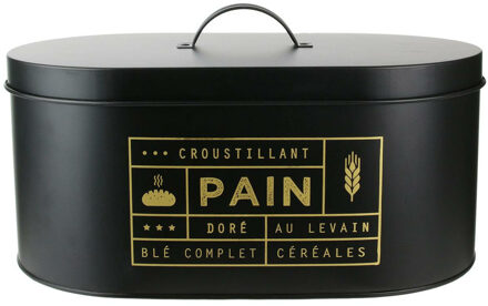 Broodtrommel met deksel - Franse Bistro sfeer - metaal - 34 x 18 x 20 cm - zwart met goud