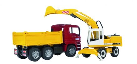 bruder MAN TGA kiepwagen met graafmachine (02751) Geel