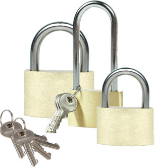Brüder Mannesmann Hangslot met 3 sleutels - set van 3 - 35/40/50 mm - messing - kofferslot