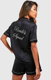 Bruids-'Bride Squad' Satijn Geborduurde Korte Mouwen Overhemd & Shorts Pyjama Set, Black - 38