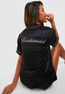 Bruids "Bruidsmeisje" Satijnen Geborduurd Korte Mouw Overhemd & Shorts Pyjama Set, Black - 42