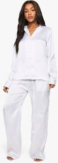 Bruids Langmouwen Overhemd & Broek Satijnen Pyjama Set, White - 38